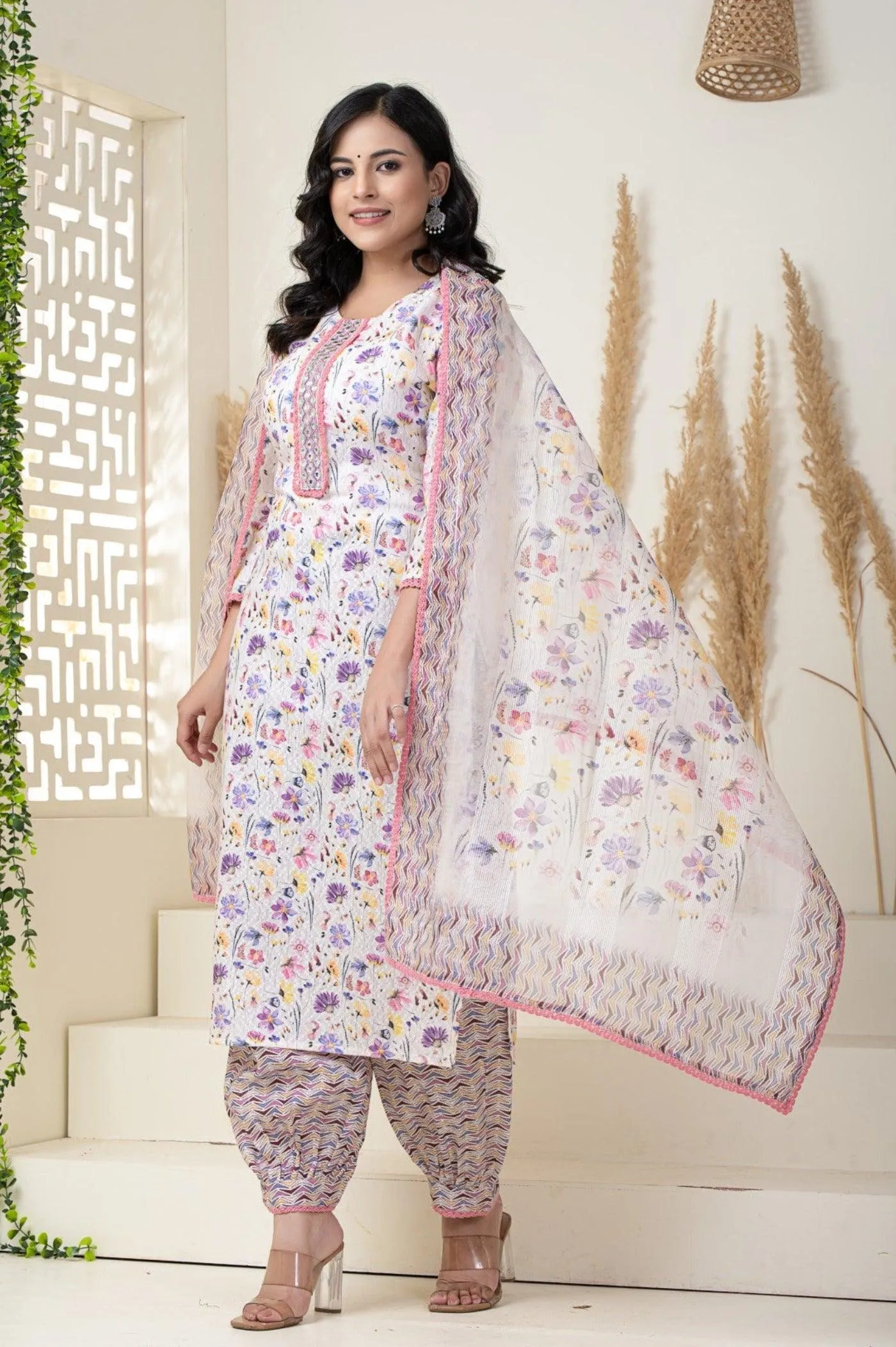 White Base Printed Dupatta Set