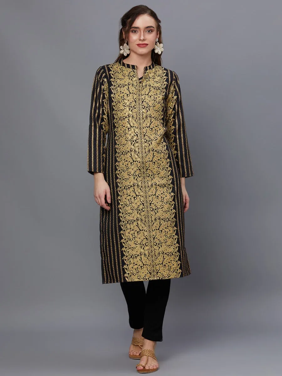 Women Black Pashmina Ornamental Print Kurta