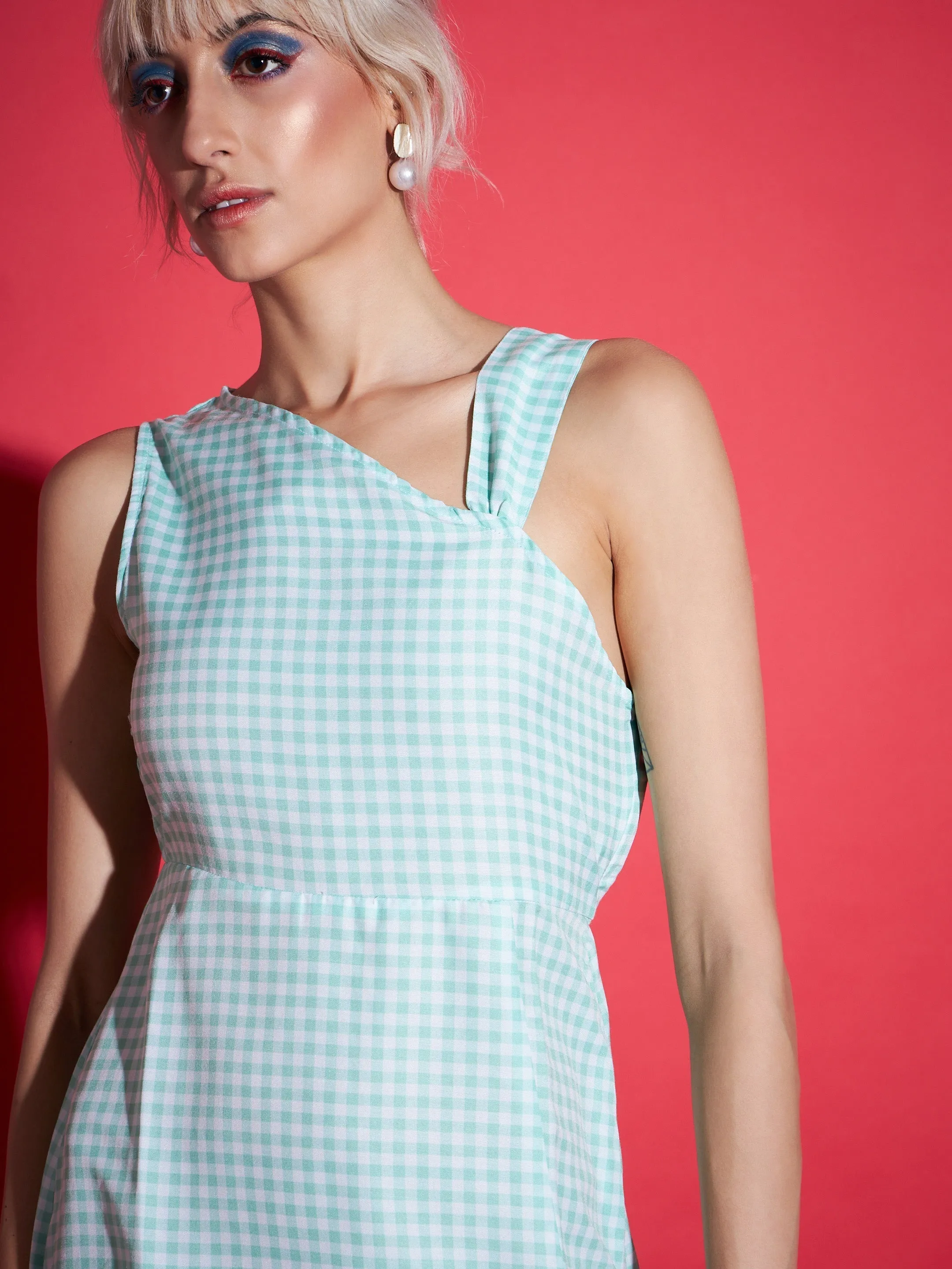 Women Green Gingham Check One Strap Dress