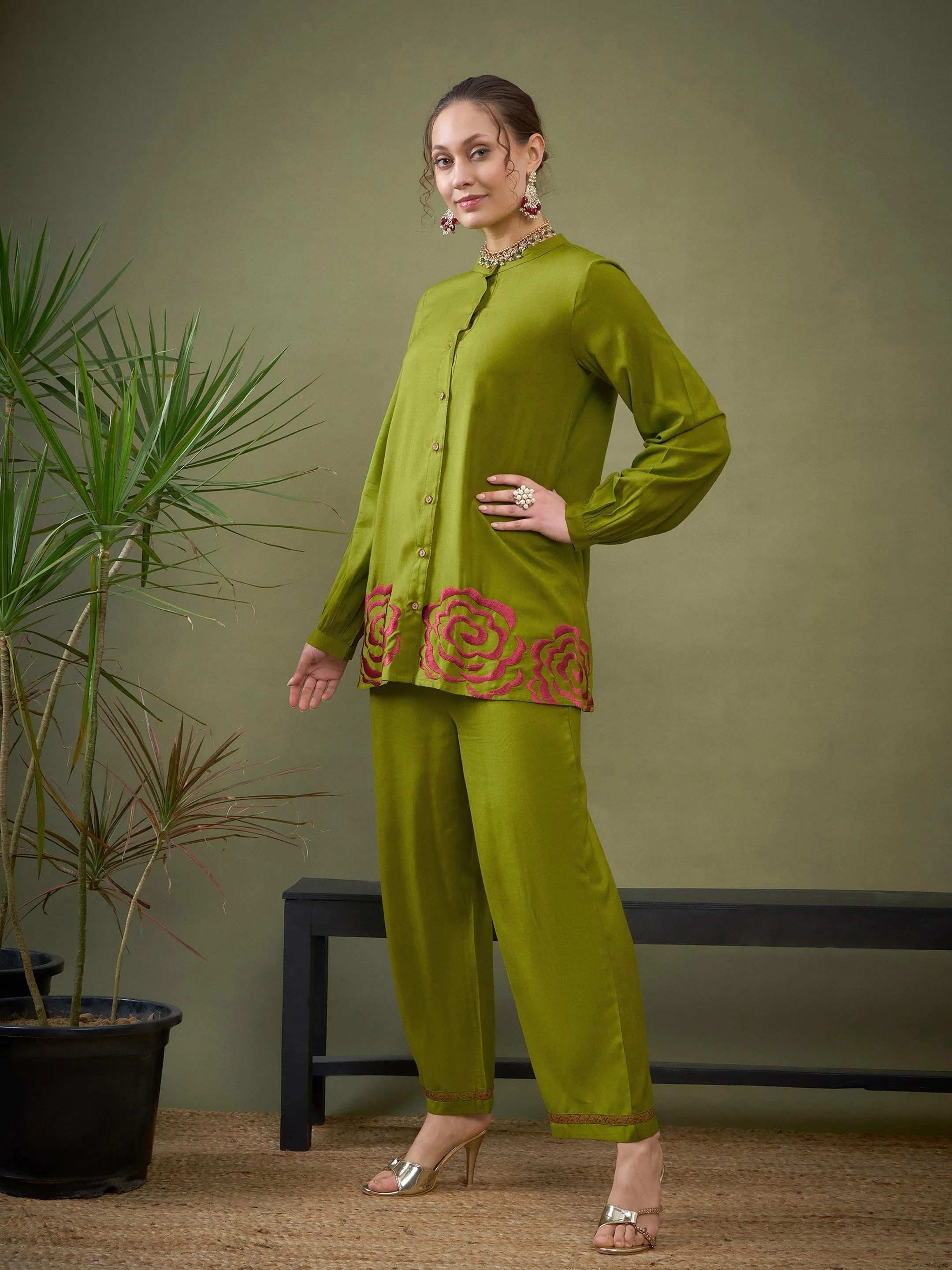 Women Green Hem Embroidered Shirt With Palazzos