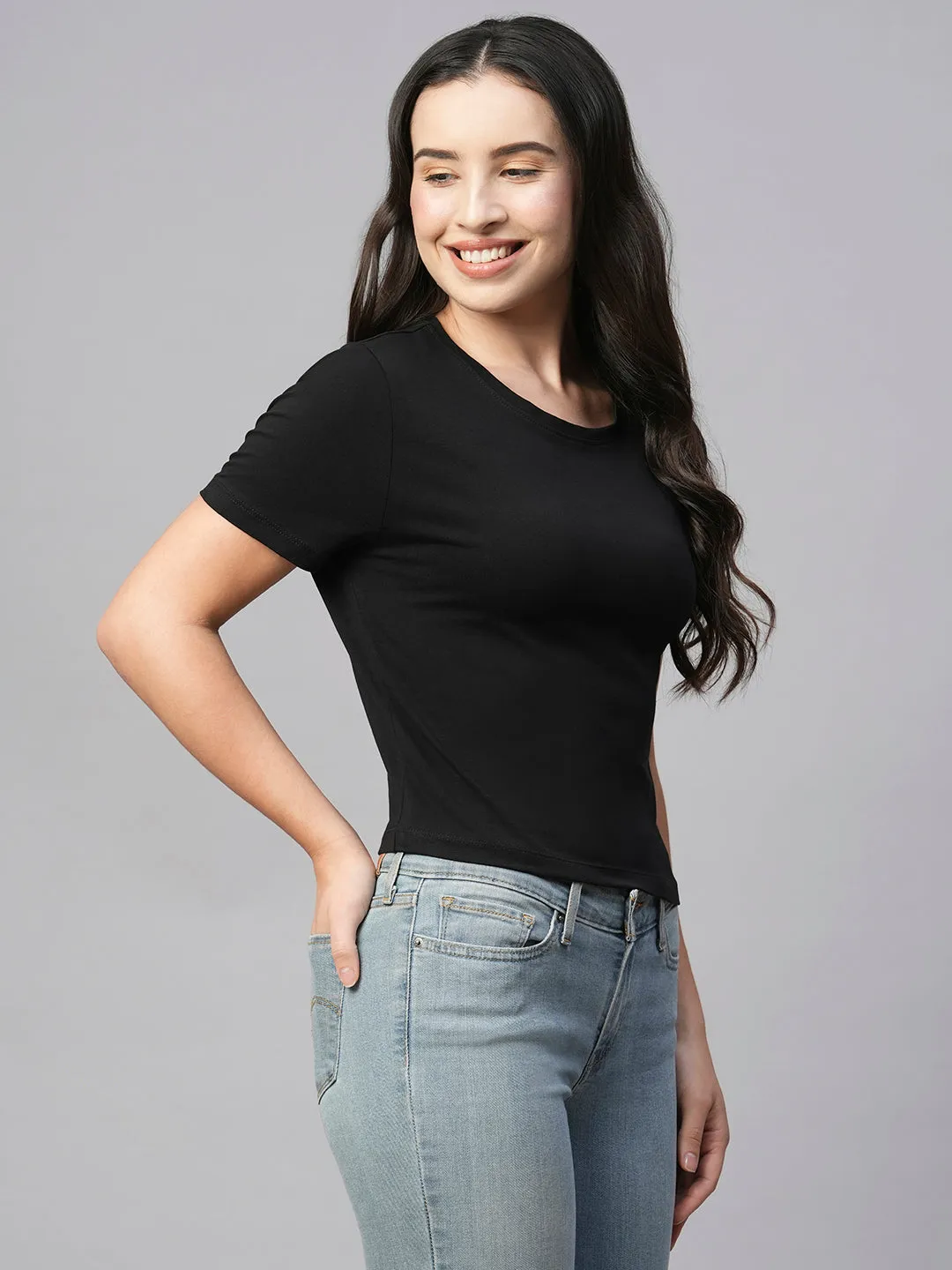 Women's Black Cotton Elastane Regular Fit Tshirt