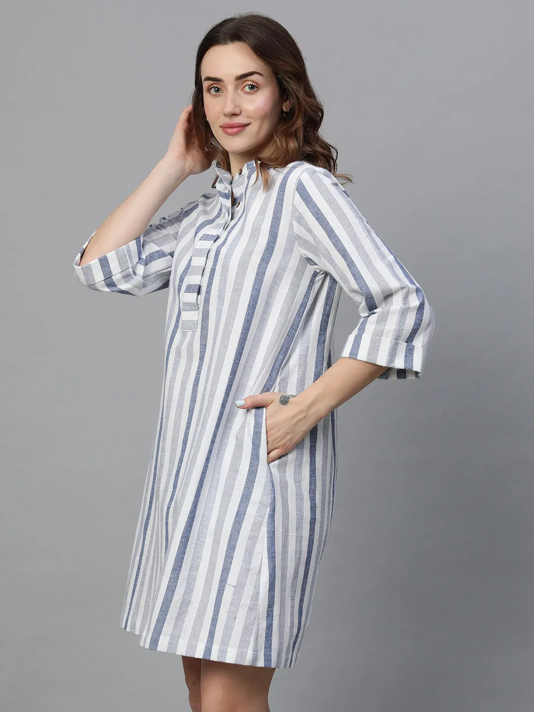 Women's Blue Cotton Linen Regular Fit Dress