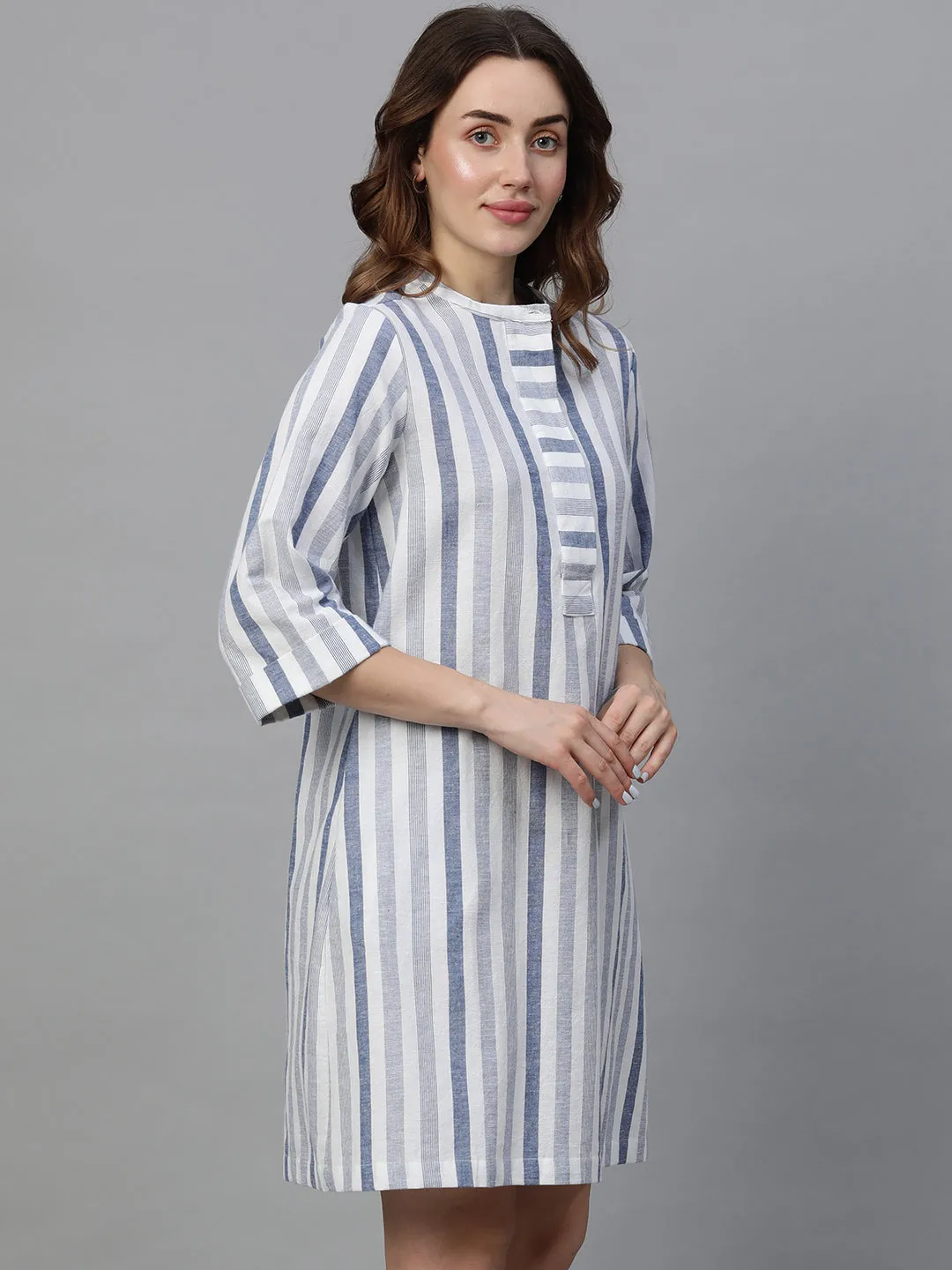 Women's Blue Cotton Linen Regular Fit Dress