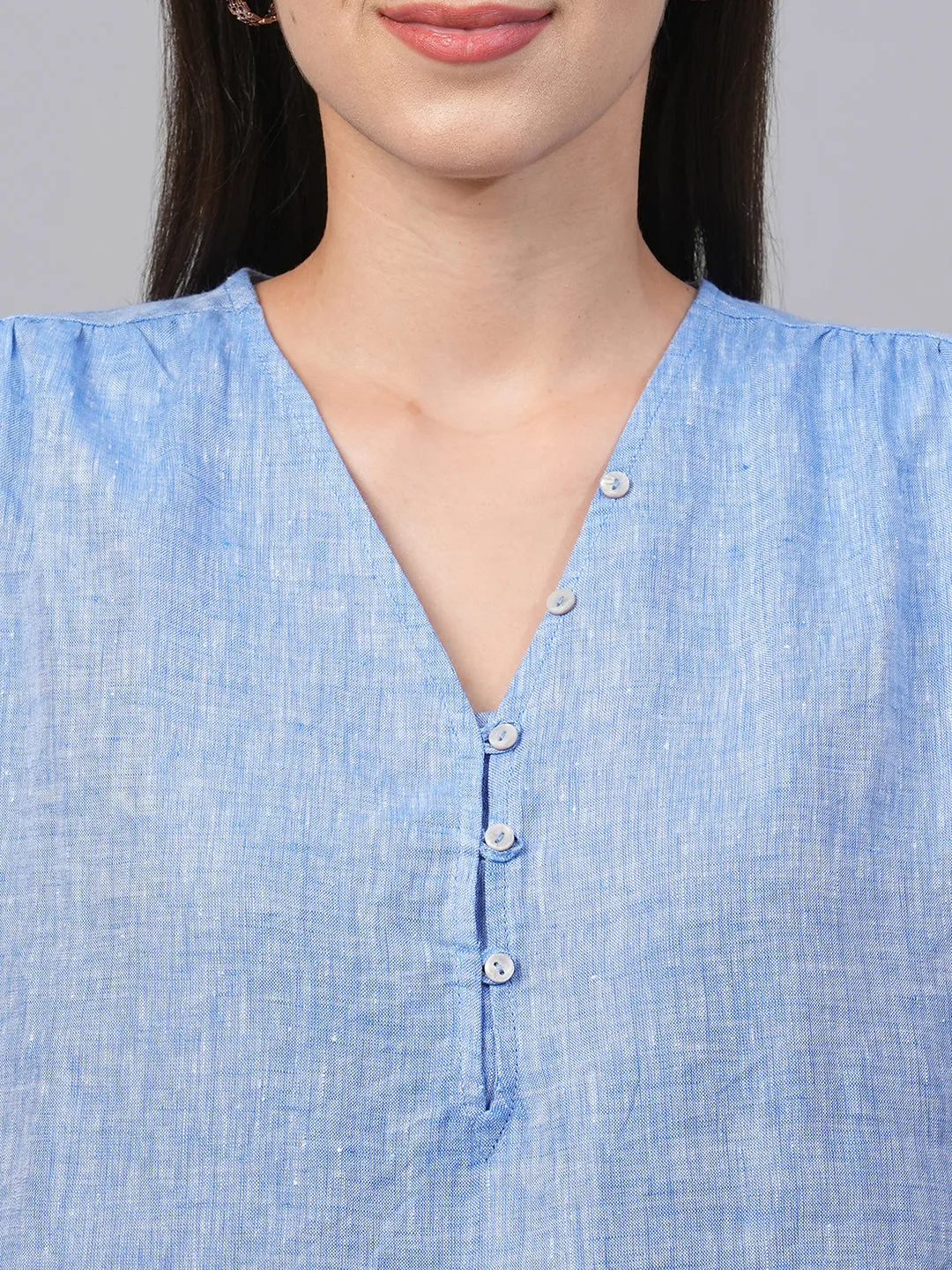 Women's Chambray Blue Linen Loose Fit Blouse