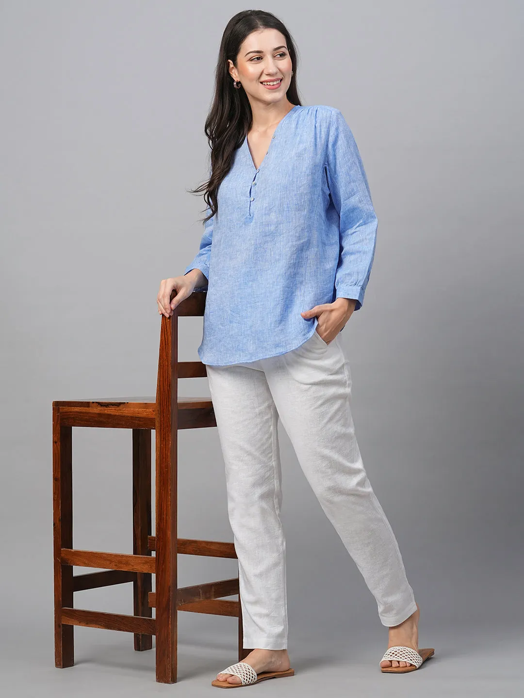 Women's Chambray Blue Linen Loose Fit Blouse