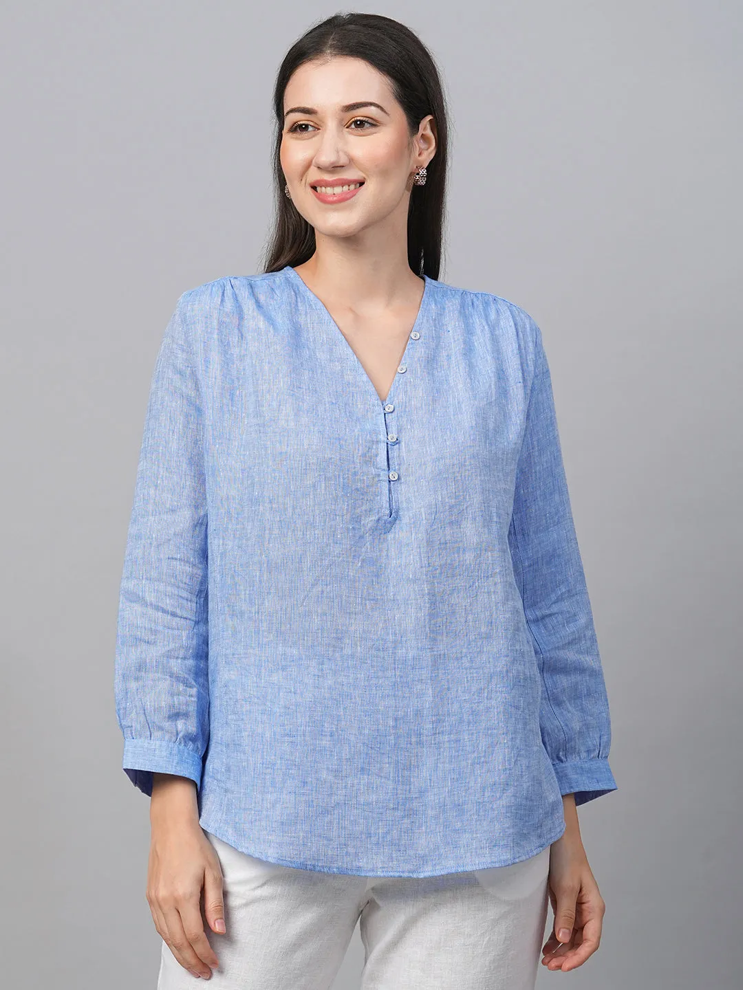 Women's Chambray Blue Linen Loose Fit Blouse