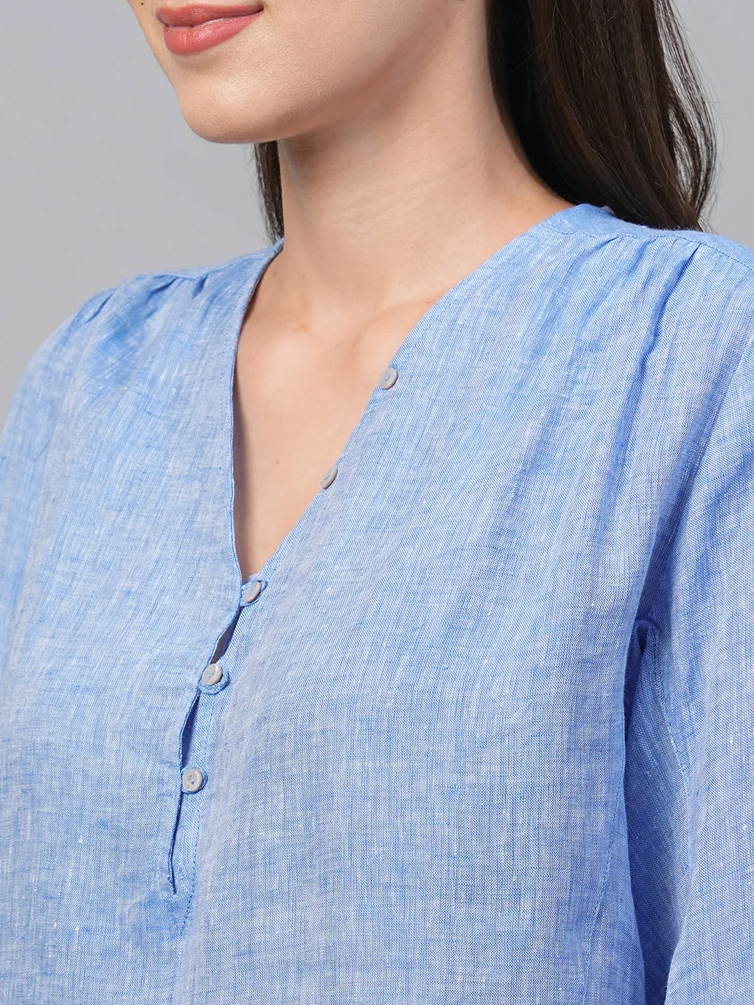 Women's Chambray Blue Linen Loose Fit Blouse