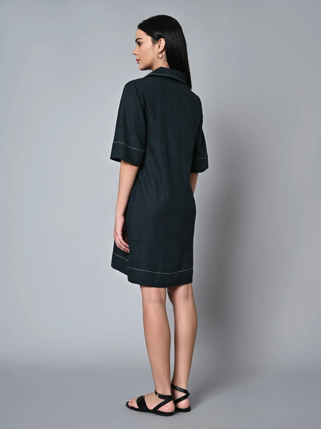 Women's Darkgreen Linen Viscose Regular Fit Dress