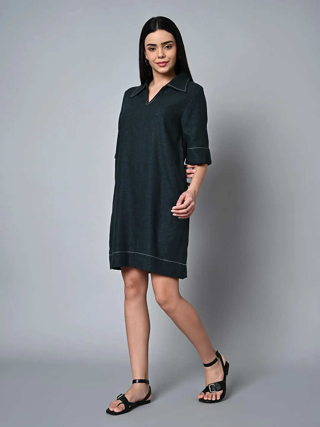 Women's Darkgreen Linen Viscose Regular Fit Dress