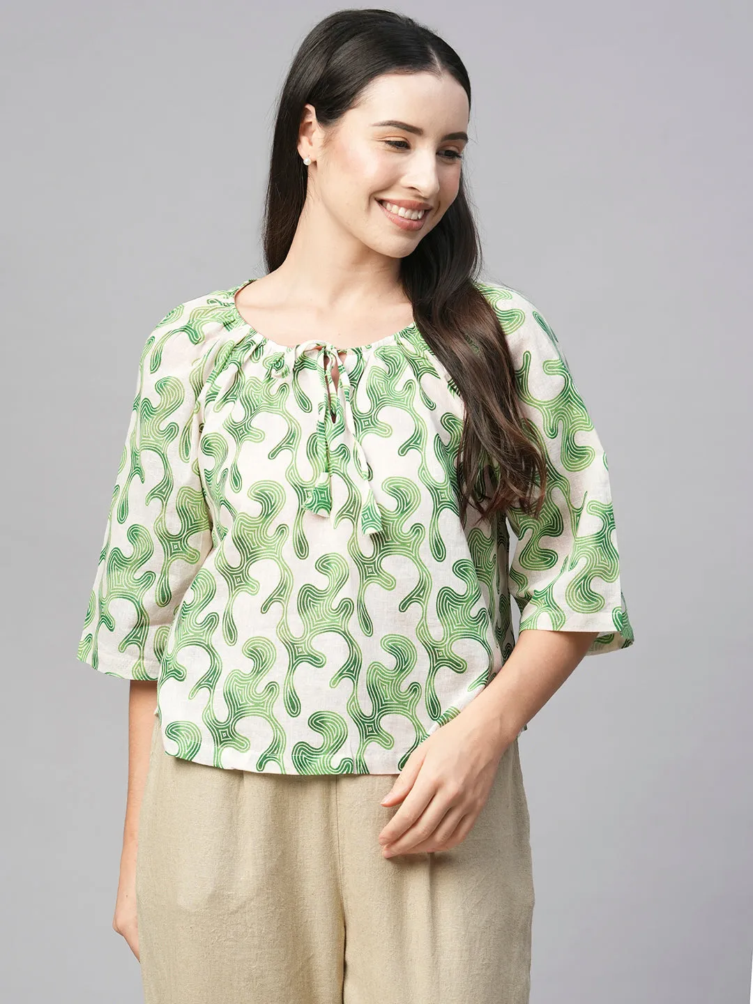 Women's Green Cotton Flax Regular Fit Blouse