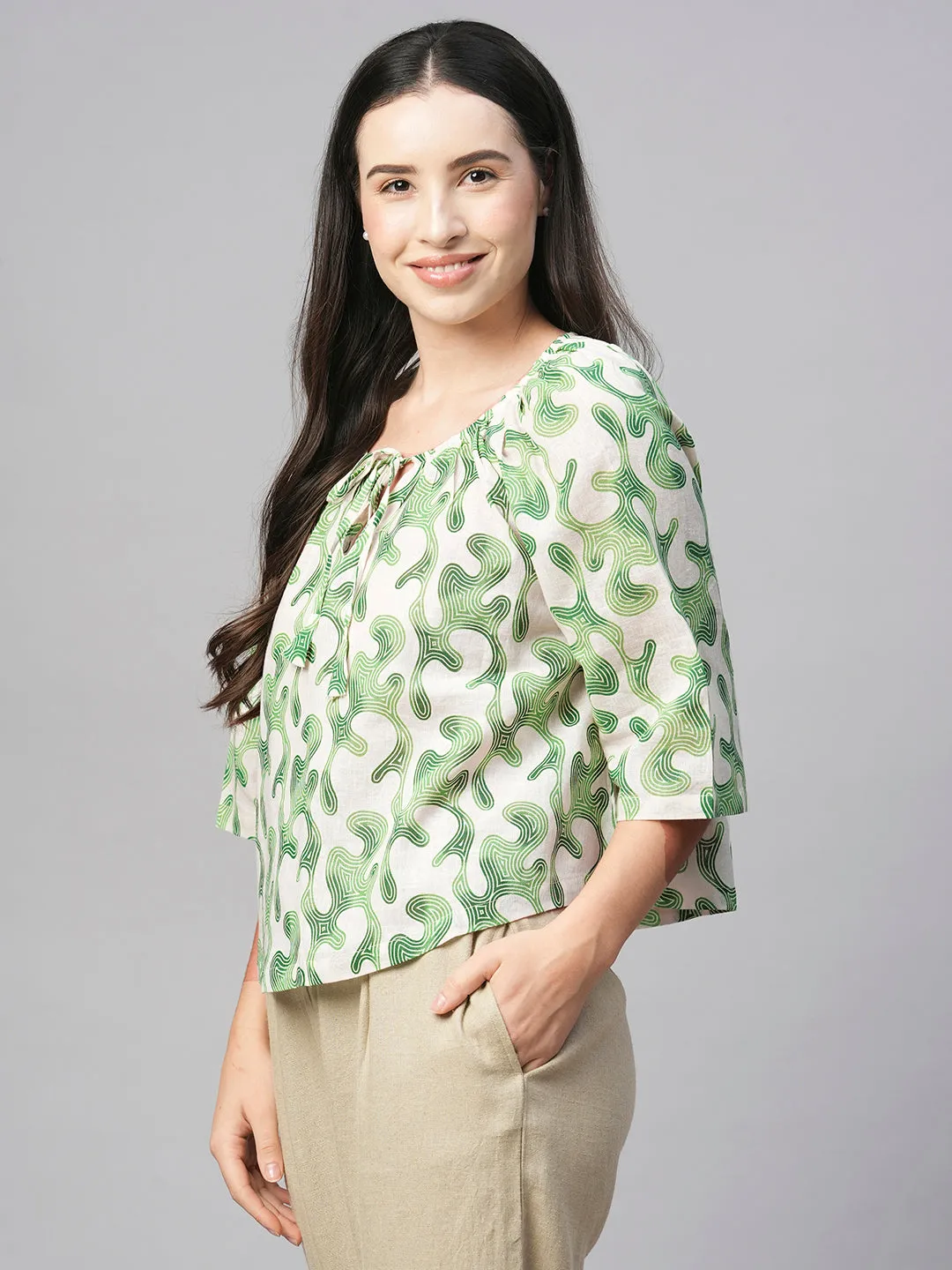 Women's Green Cotton Flax Regular Fit Blouse