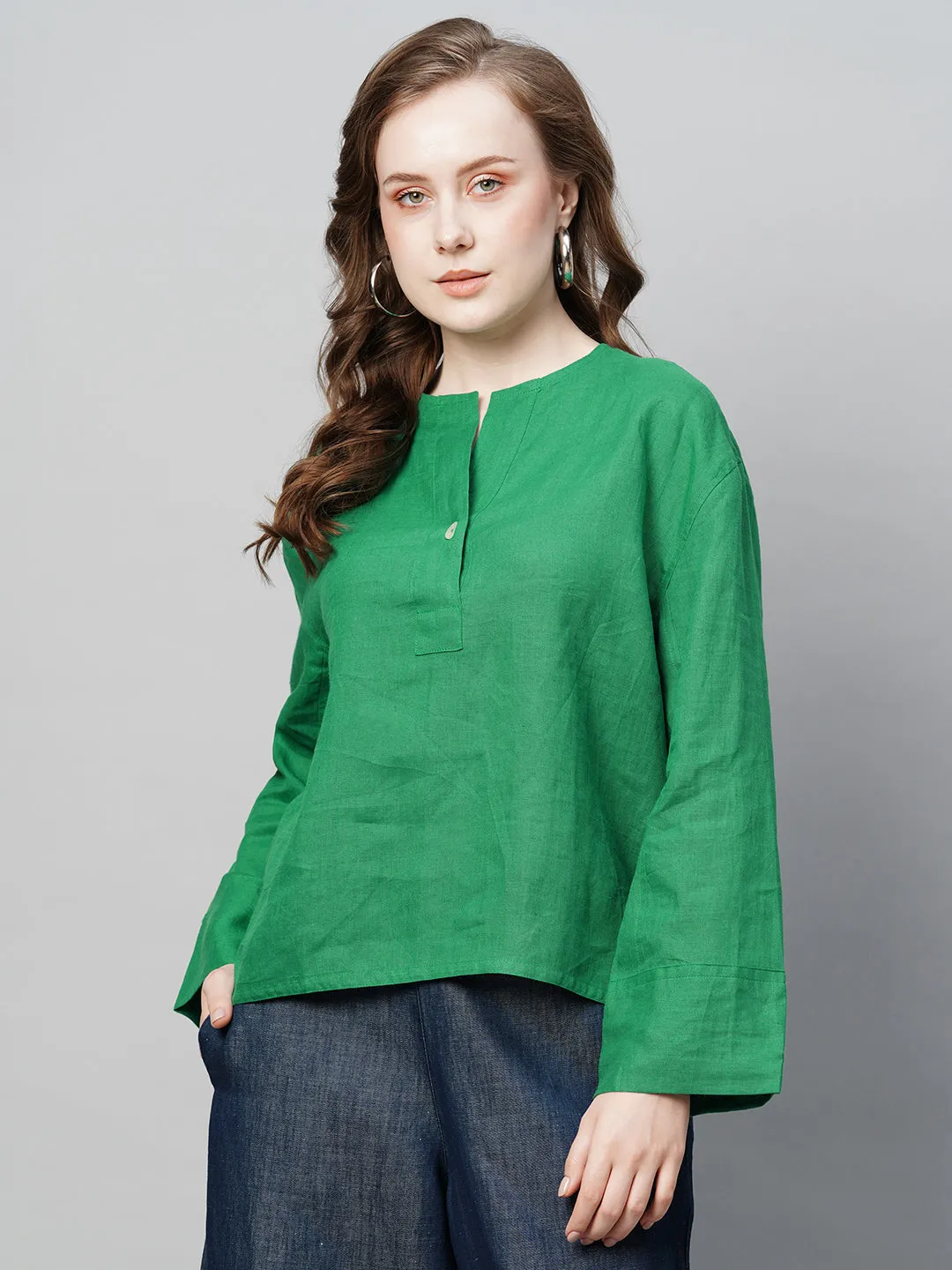 Women's Green Linen Regular Fit Blouse