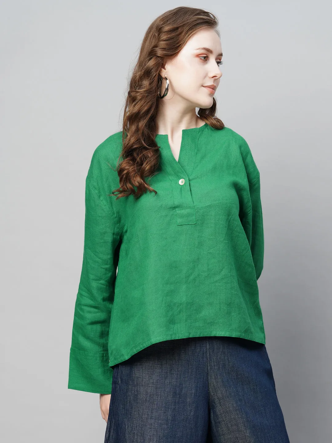 Women's Green Linen Regular Fit Blouse