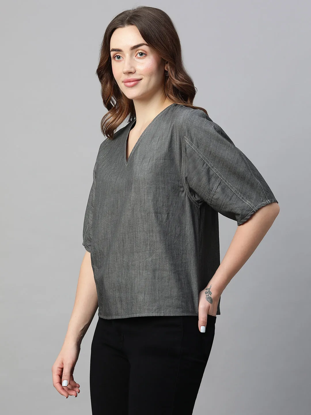 Women's Grey Cotton Regular Fit Blouse