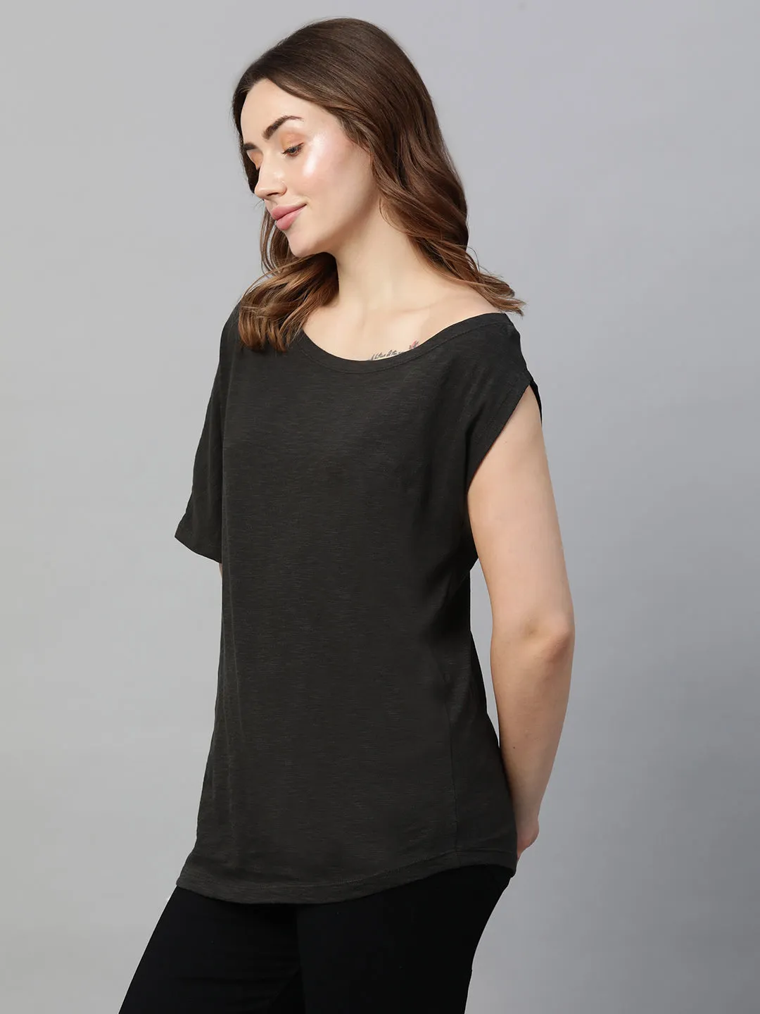 Women's Grey Cotton Regular Fit Tshirts