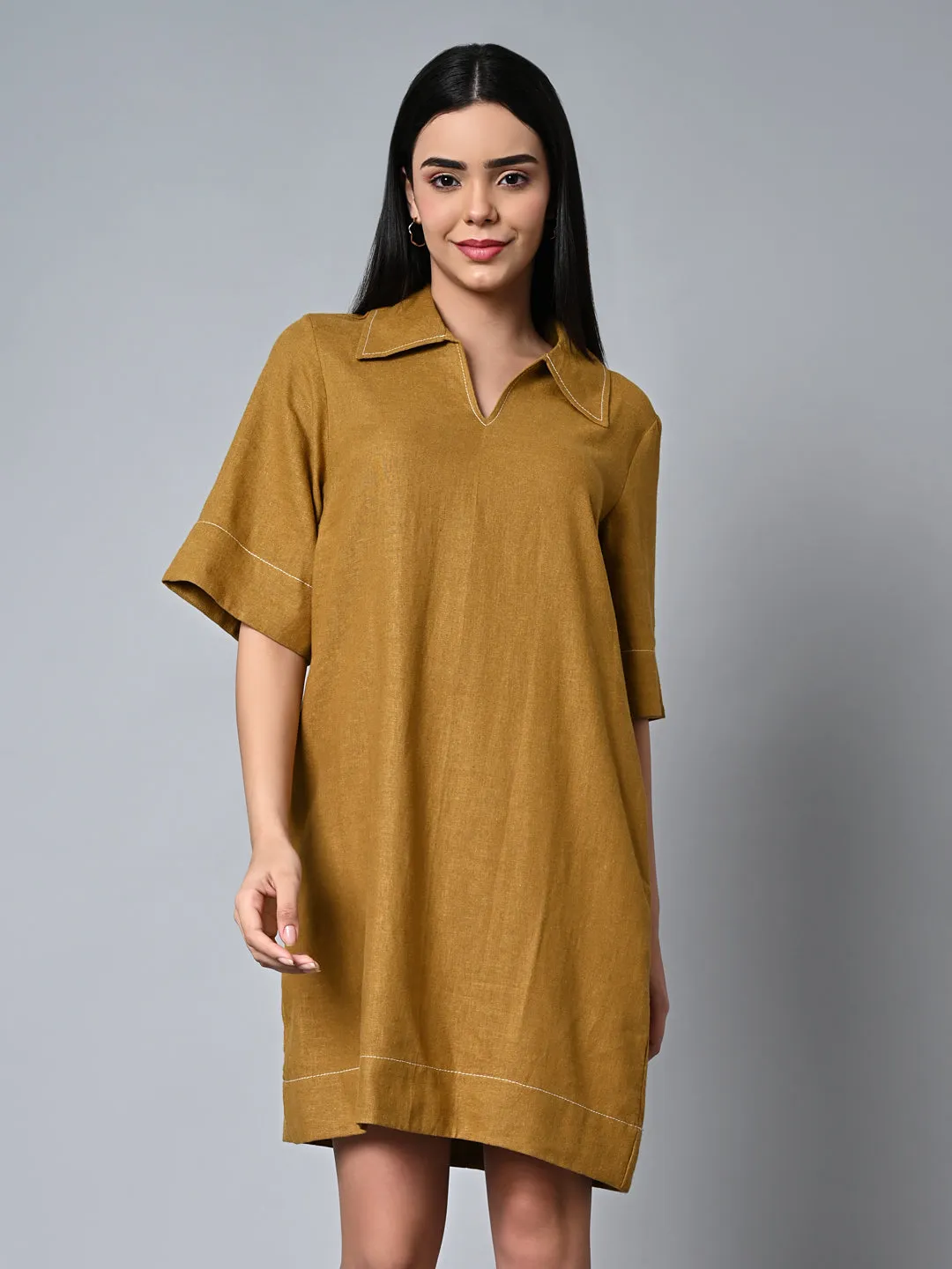 Women's Mustard Linen Viscose Regular Fit Dress