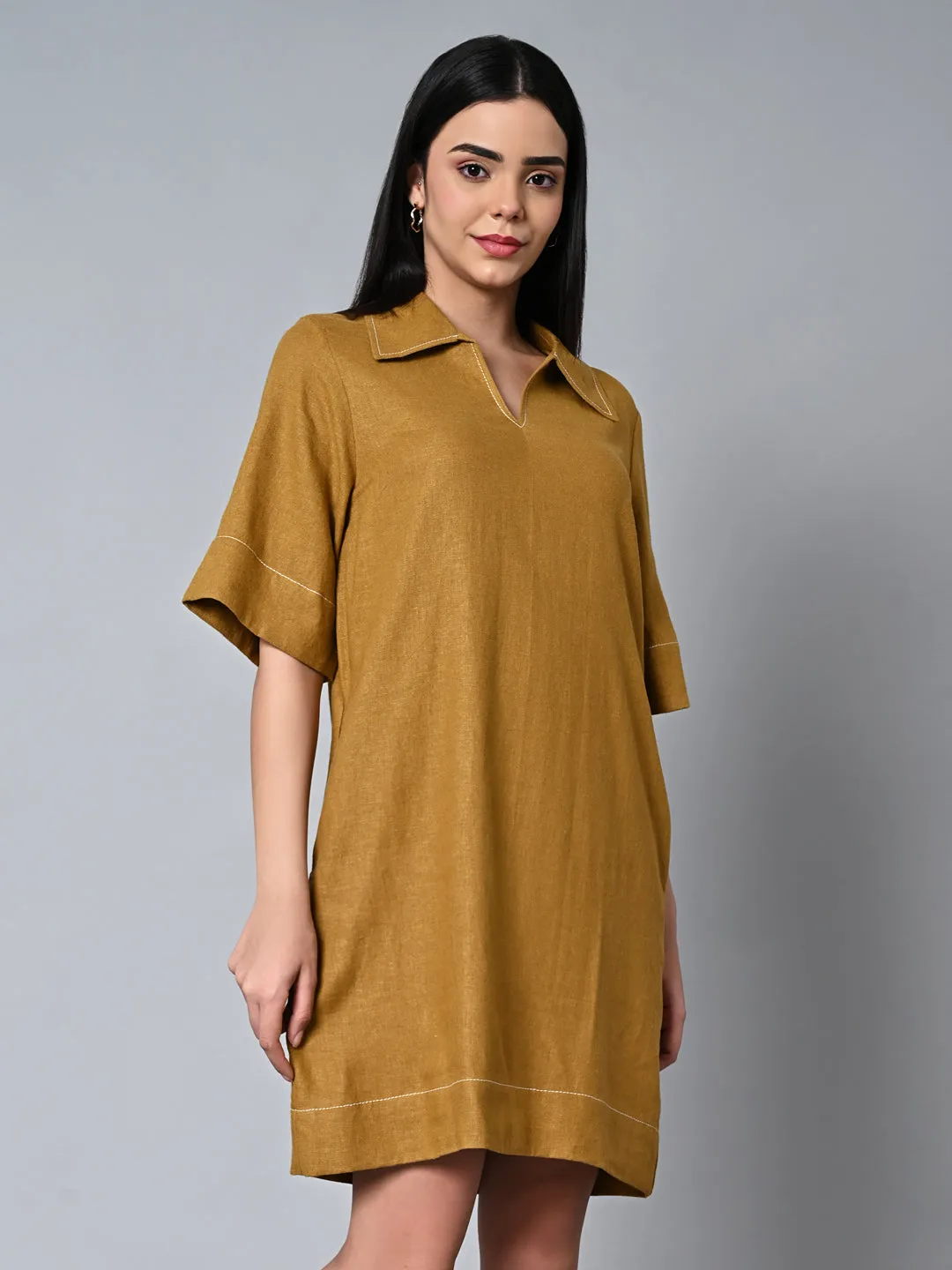 Women's Mustard Linen Viscose Regular Fit Dress