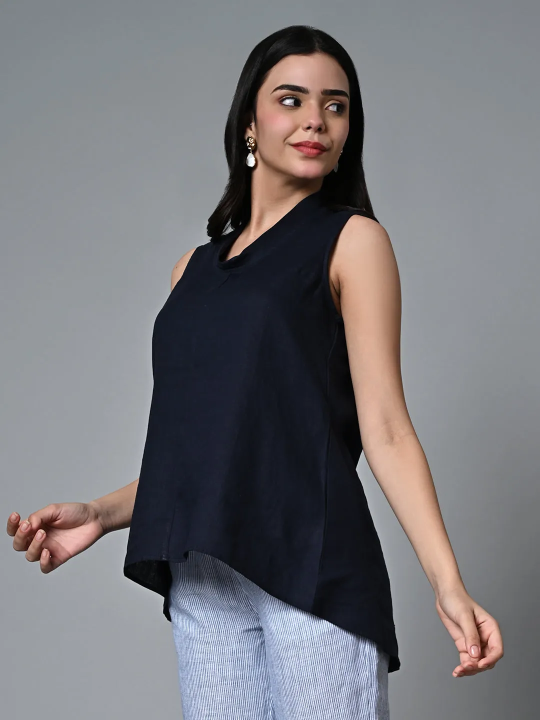 Women's Navy Linen Regular Fit Blouse