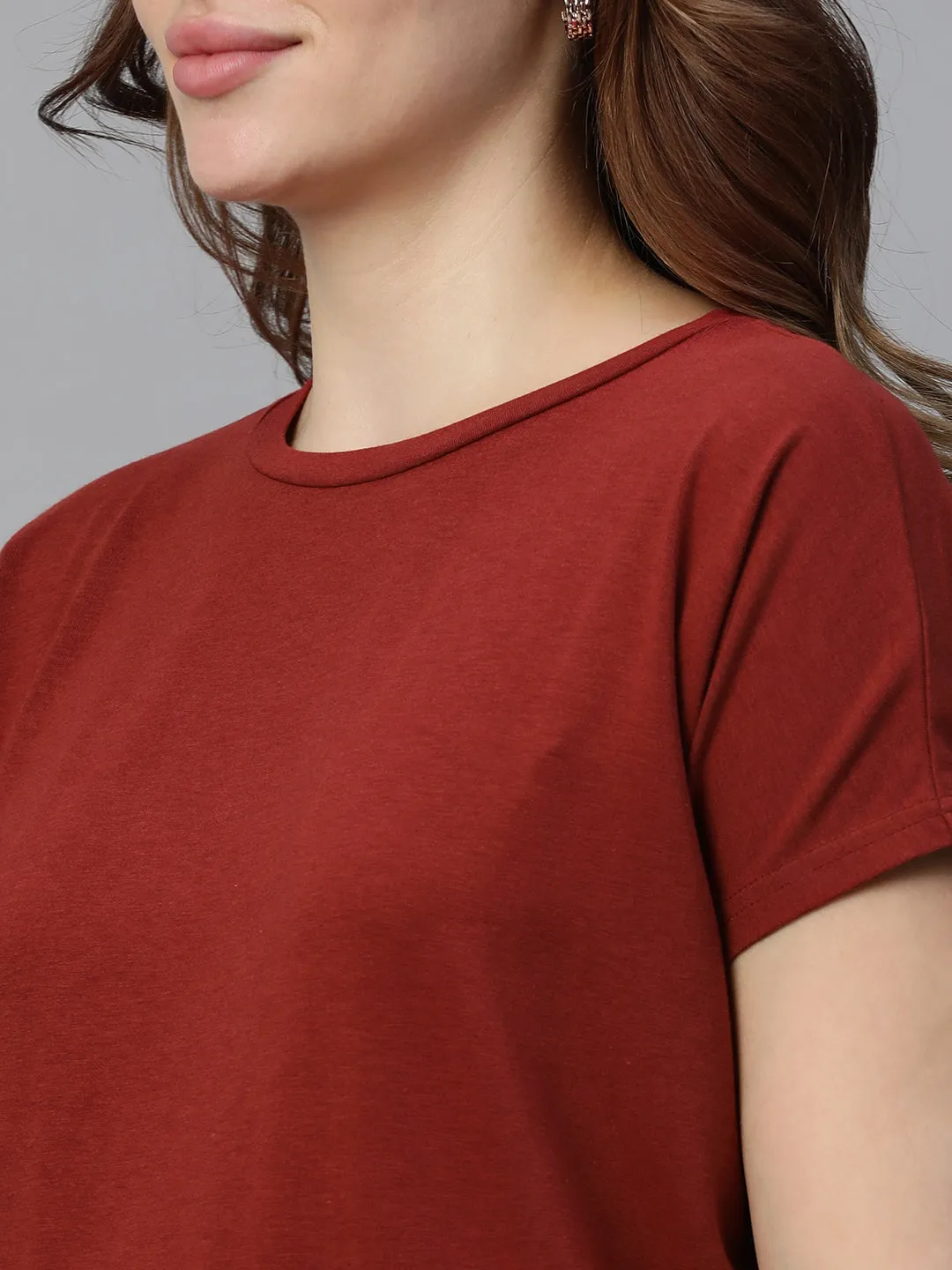 Women's Red Cotton Bamboo Elastane Regular Fit Tshirt