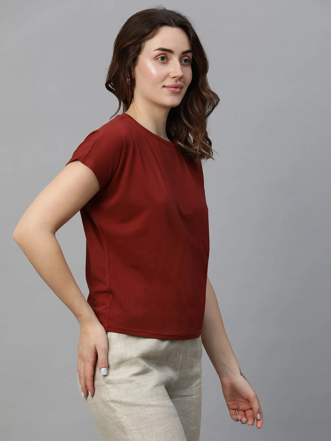 Women's Red Cotton Bamboo Elastane Regular Fit Tshirt