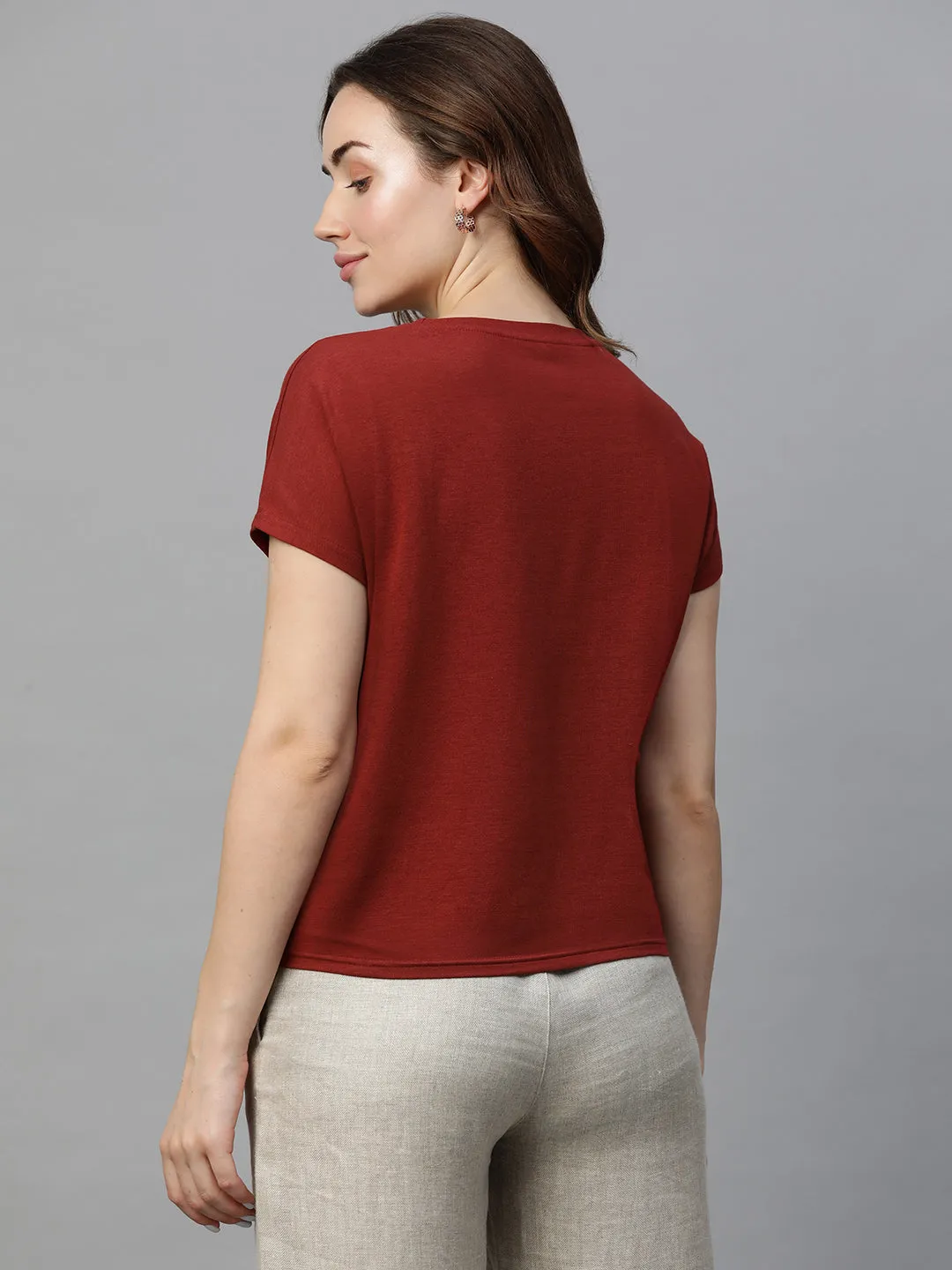 Women's Red Cotton Bamboo Elastane Regular Fit Tshirt