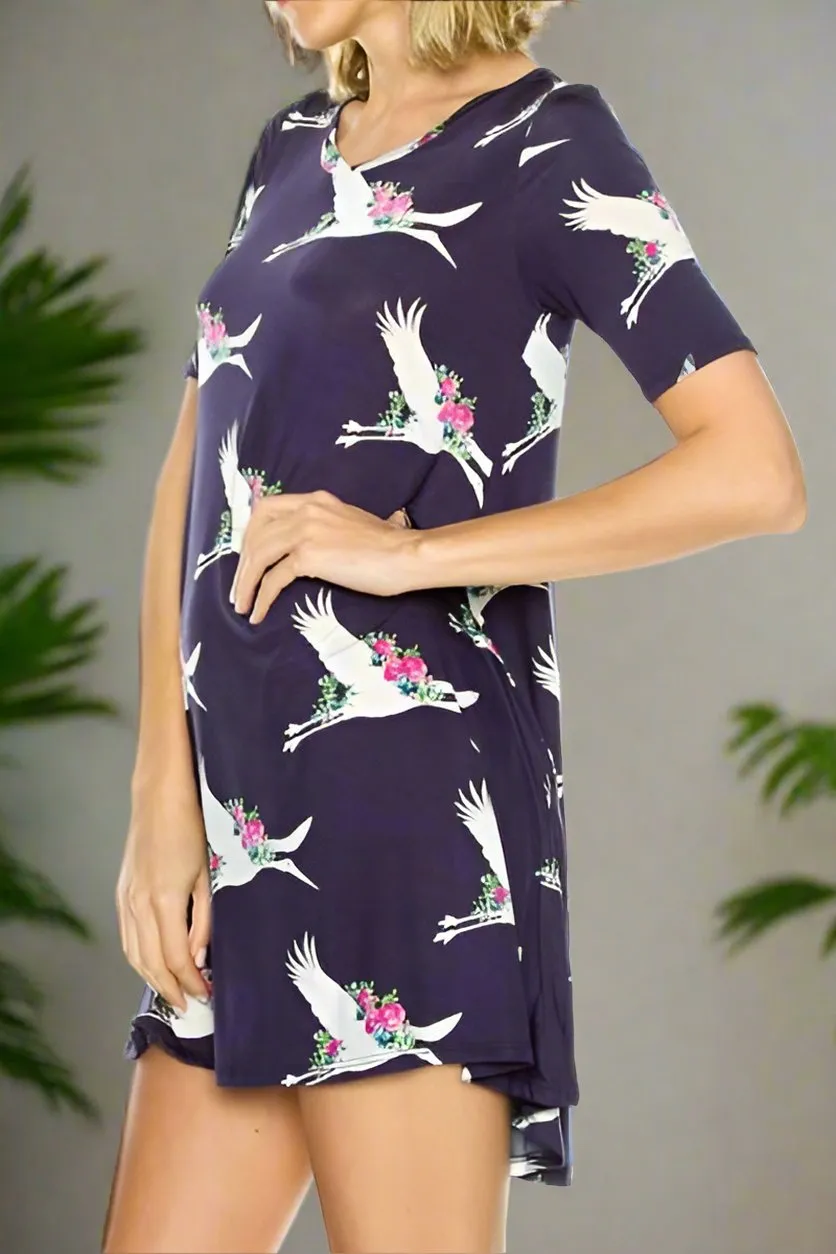 Womens Stork Print Dress | Longer Tunic Top | Navy Blue Mini Dress