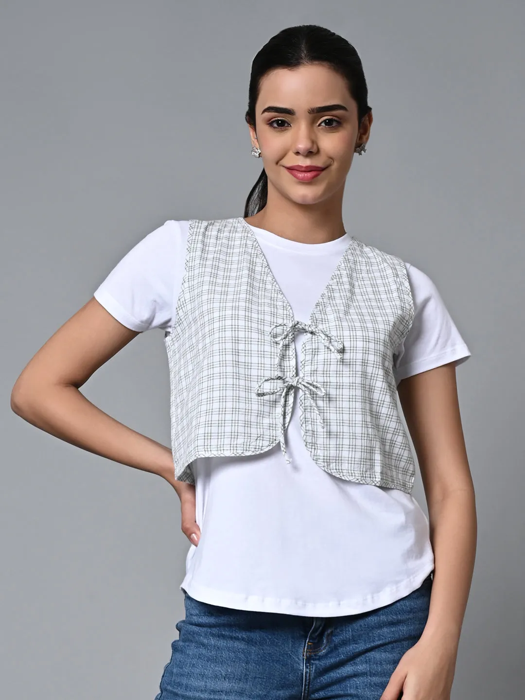 Women's White Cotton Linen Regular Fit Waistcoat